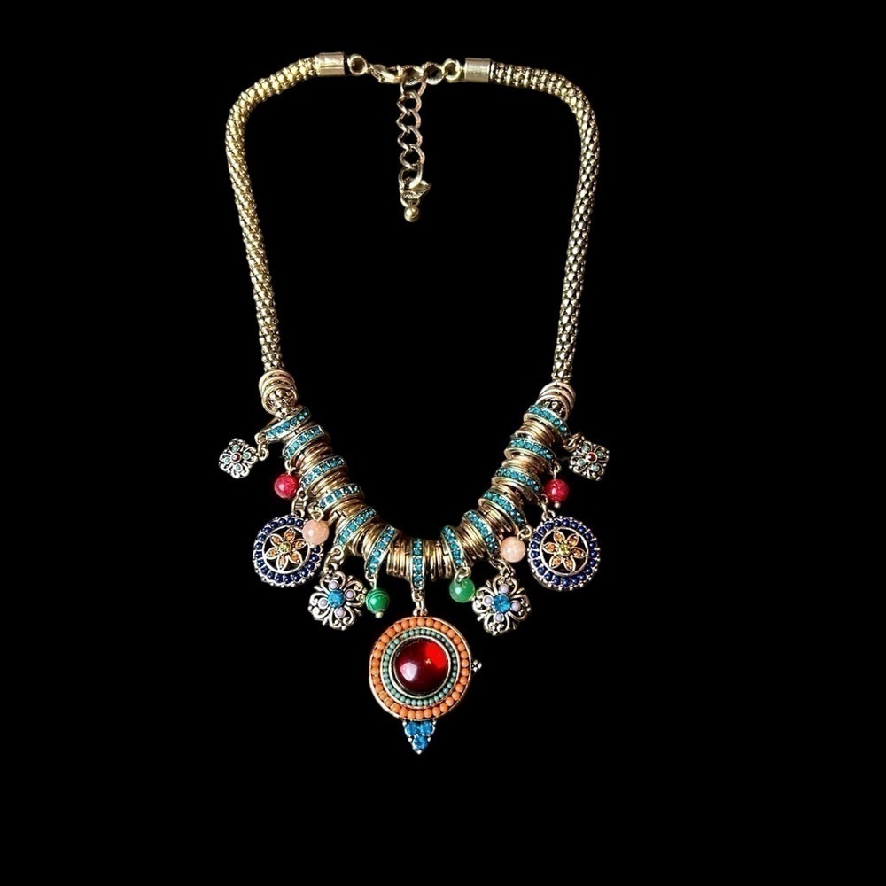 Gold Tone Statement Necklace Jewel Tone Beaded & Rhinestone Charms & Medallions
